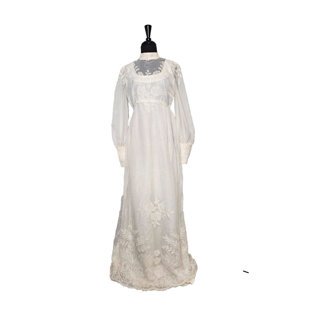 Vintage 70s Wedding Dress Ivory High Neck Prairie Boho Victorian Balloon Sleeves